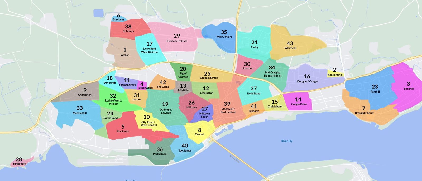 Map showing letting areas in Dundee where Abertay Housing Association owns properties